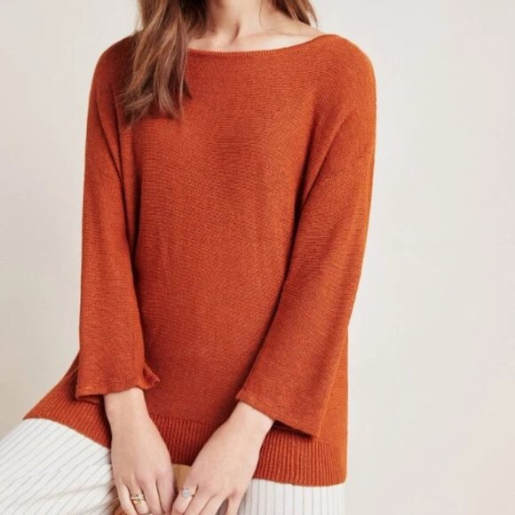 Anthropologie Mayfield Linen Sweater Rust Orange Small Boho Fall Pullover - Picture 1 of 10